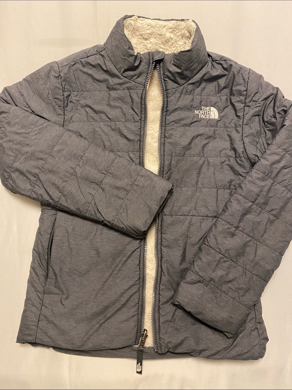 The North Face Girls Heather Gray Quilted Puffer Jacket with Sherpa Lining